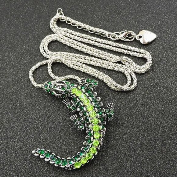 Betsey Johnson Necklace Green Crystal Alligator Brooch / Pendant Silver Tone - Picture 1 of 2